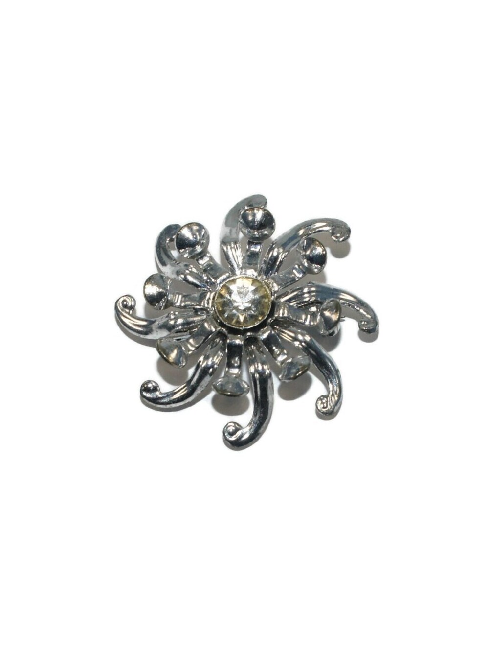 Small Vintage Silver Tone and Rhinestone Radial Pin Brooch.